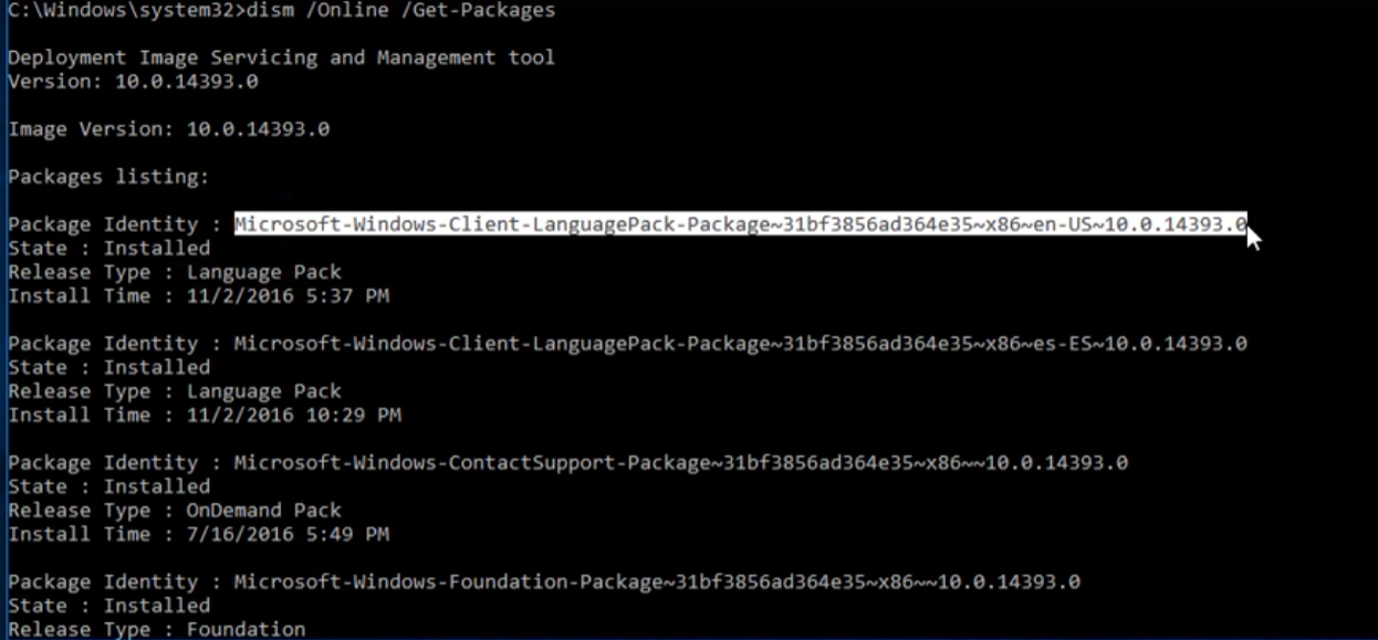 Salida de dism /Online /Get-Packages mostrando los paquetes de idioma de Windows instalados